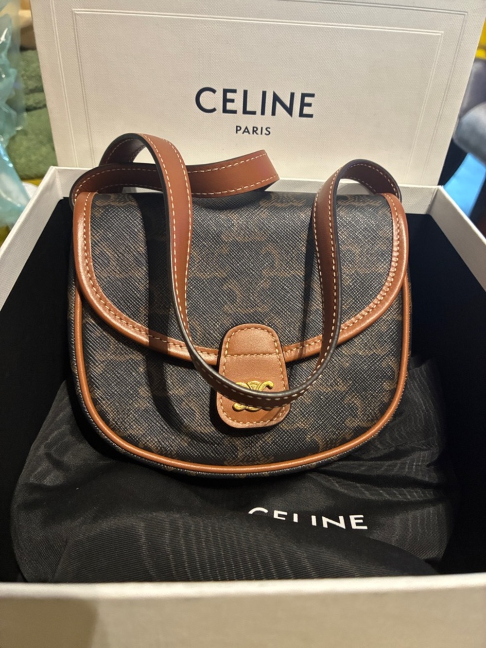 Celine Brown Monogram Crossbody with Tan Trim